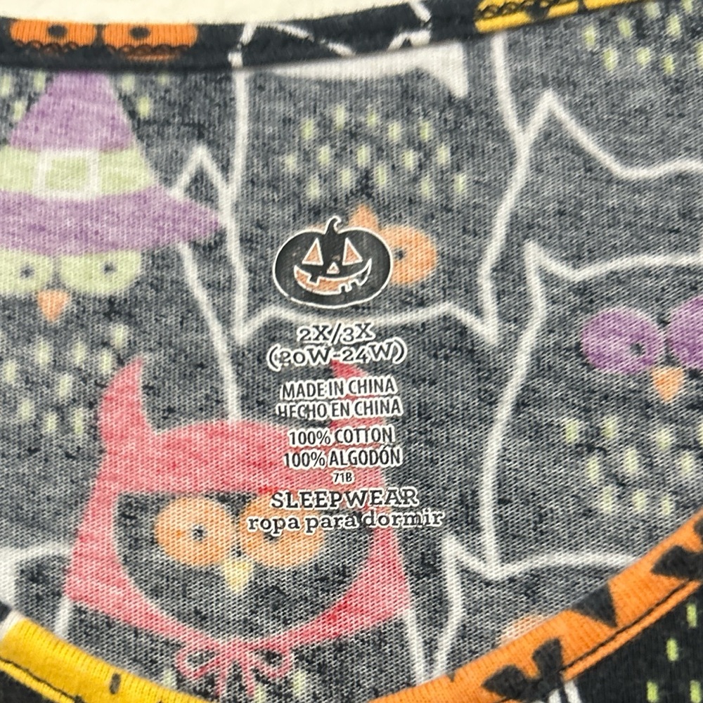 Halloween Owl Sleep Dress Black Soot Plus Size 2X/3X Cotton Nightgown V-Neck - Picture 2 of 7